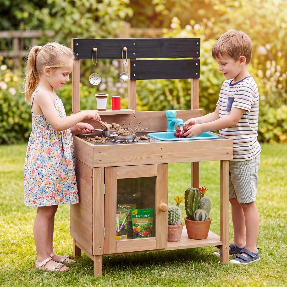Wooden Play Pretend Kitchen with Stoves Storage Cabinet and Shelf view 3