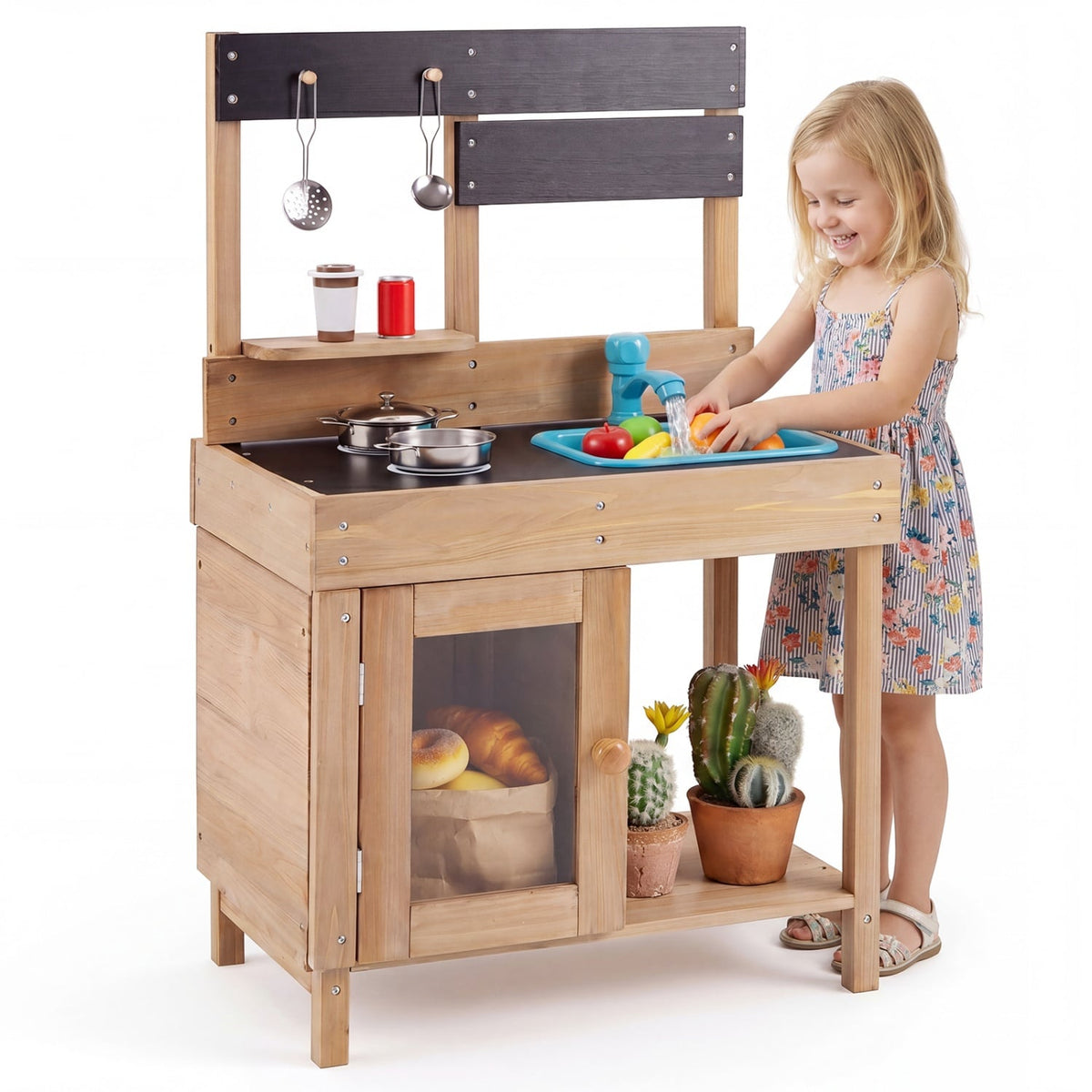 Wooden Play Pretend Kitchen with Stoves Storage Cabinet and Shelf