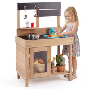 Wooden Play Pretend Kitchen with Stoves Storage Cabinet and Shelf
