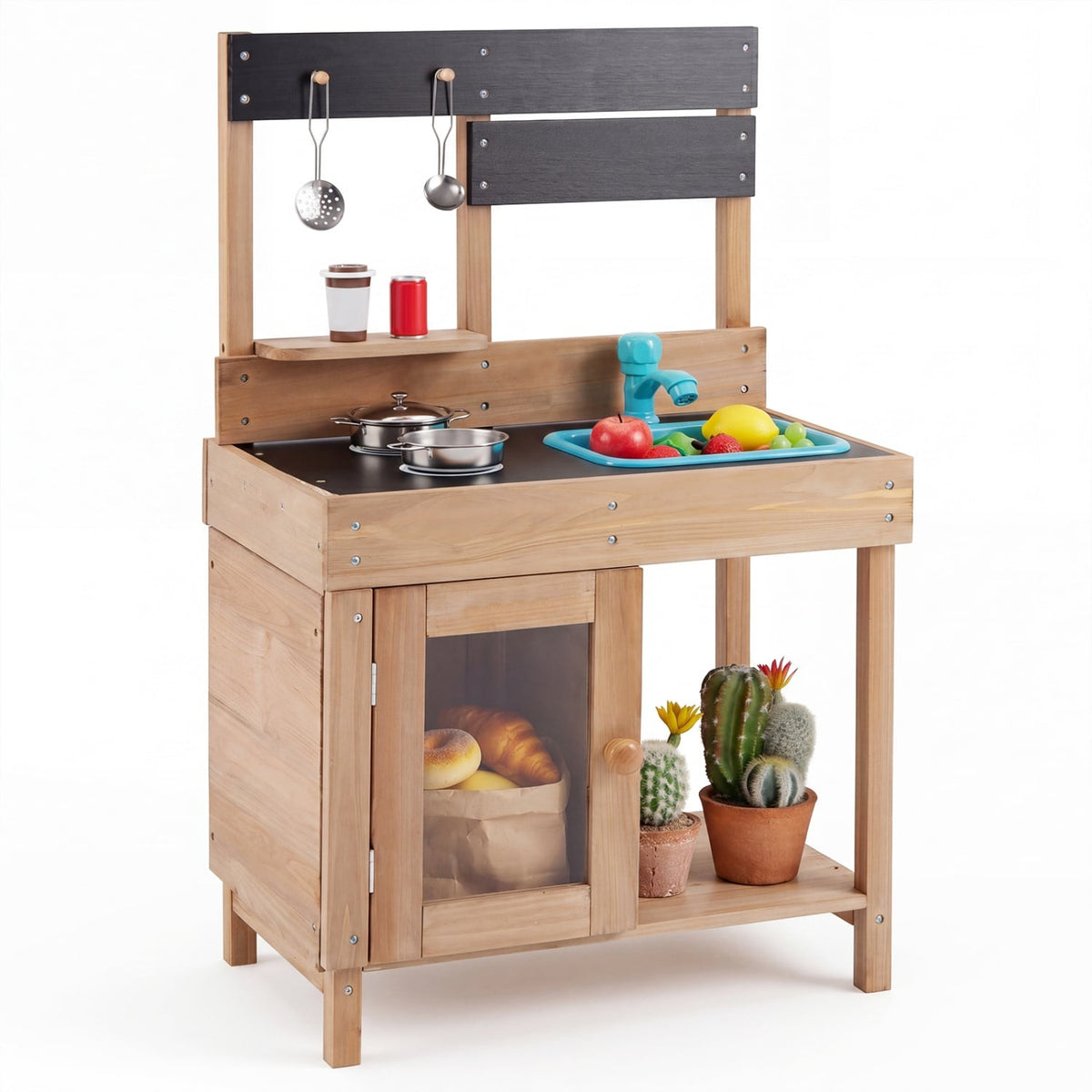 Wooden Play Pretend Kitchen with Stoves Storage Cabinet and Shelf view 4