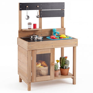 Wooden Play Pretend Kitchen with Stoves Storage Cabinet and Shelf view 4