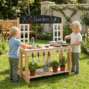 Wooden Pretend Play Kitchen with Bench and Cooking Accessories-Natural view 2