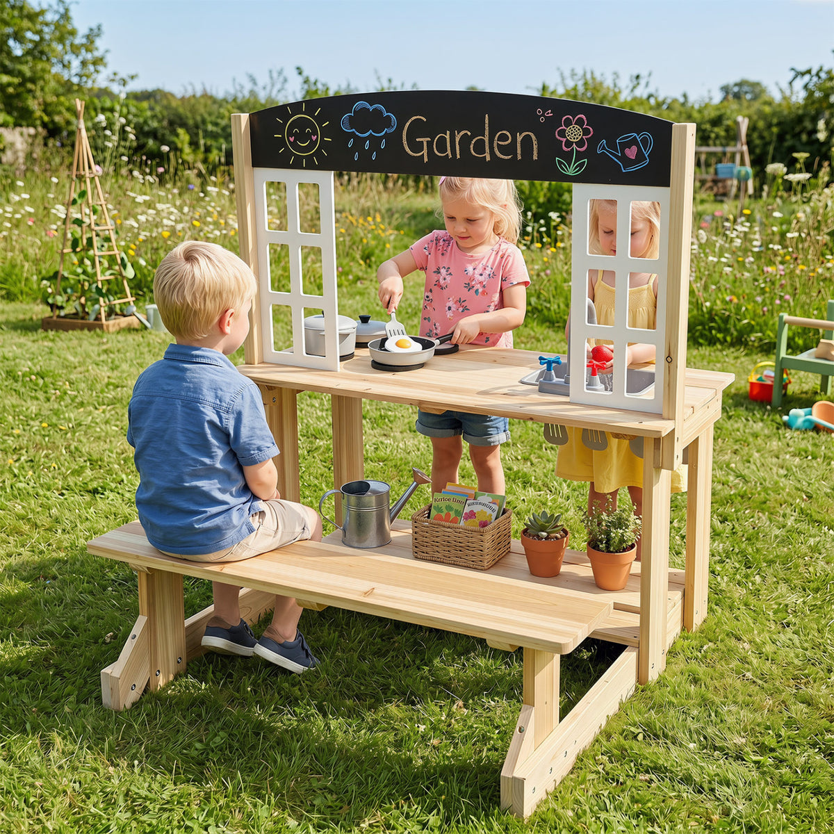 Wooden Pretend Play Kitchen with Bench and Cooking Accessories-Natural view 3
