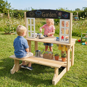 Wooden Pretend Play Kitchen with Bench and Cooking Accessories-Natural view 3
