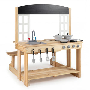 Wooden Pretend Play Kitchen with Bench and Cooking Accessories-Natural