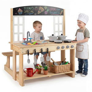 Wooden Pretend Play Kitchen with Bench and Cooking Accessories-Natural view 4