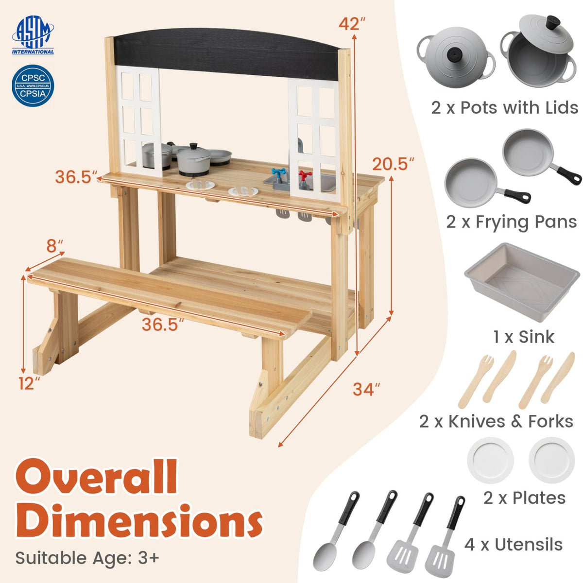 Wooden Pretend Play Kitchen with Bench and Cooking Accessories-Natural view 5