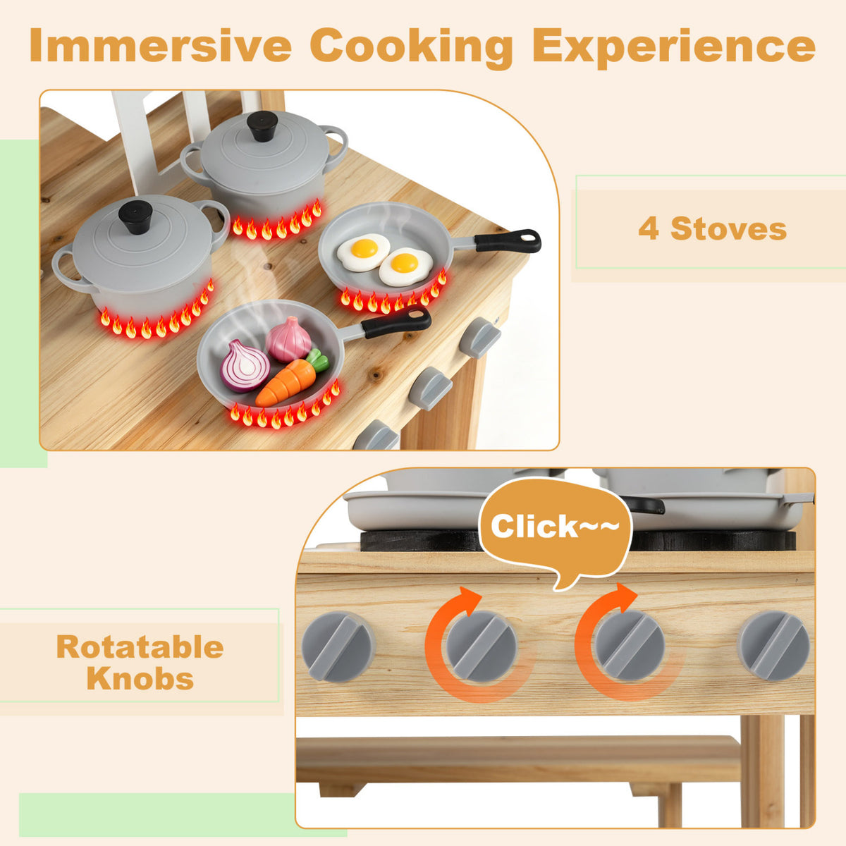 Wooden Pretend Play Kitchen with Bench and Cooking Accessories-Natural view 6