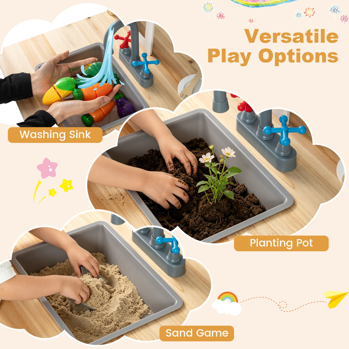 Wooden Pretend Play Kitchen with Bench and Cooking Accessories-Natural view 7