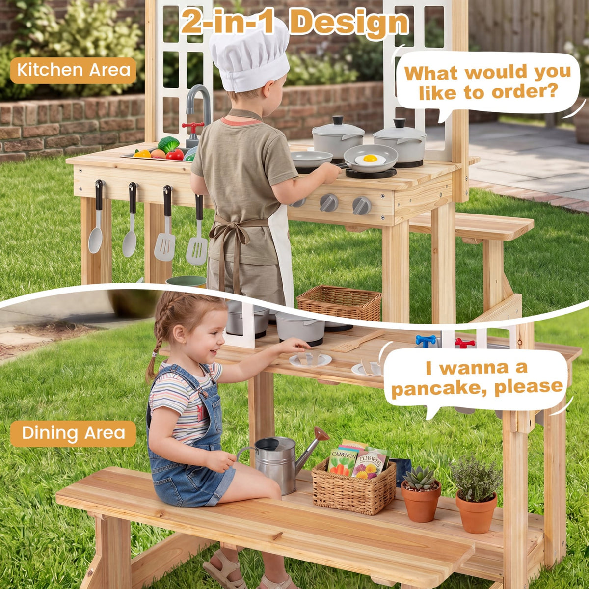 Wooden Pretend Play Kitchen with Bench and Cooking Accessories-Natural view 8