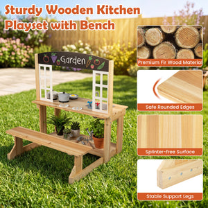 Wooden Pretend Play Kitchen with Bench and Cooking Accessories-Natural view 9