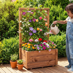 Wooden Raised Garden Bed with Lattice Trellis Drainage Holes-Orange view 3