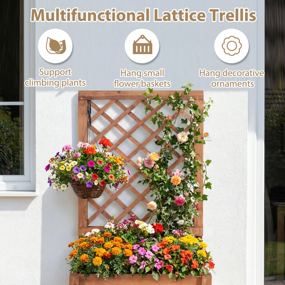 Wooden Raised Garden Bed with Lattice Trellis Drainage Holes-Orange view 9