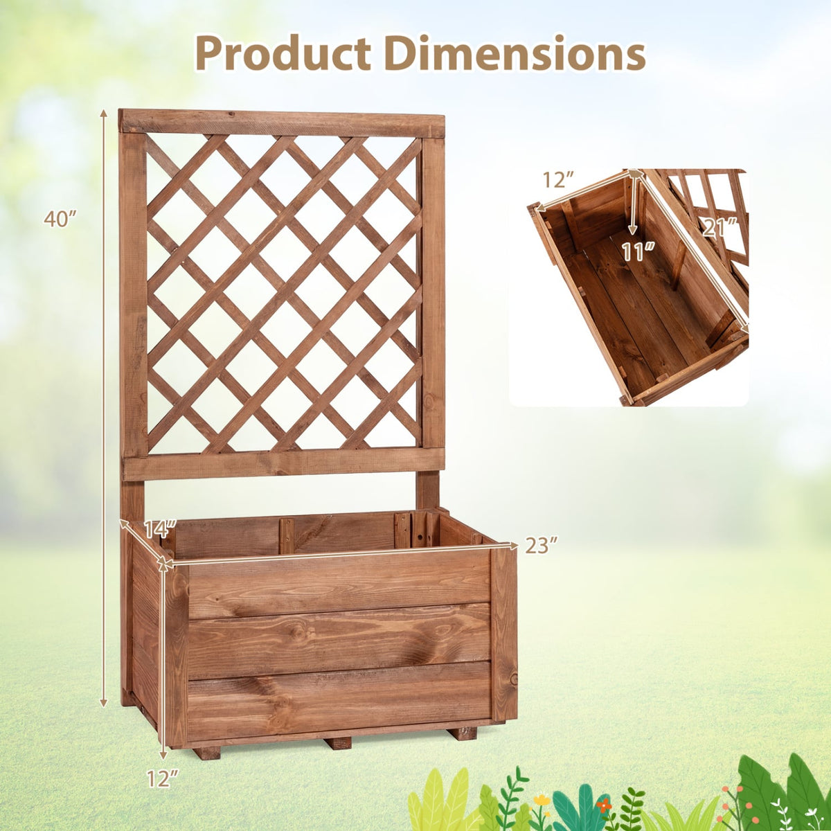 Wooden Raised Garden Bed with Lattice Trellis Drainage Holes-Orange view 4