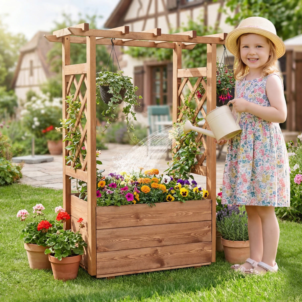 Wooden Raised Garden Bed Elevated Planter Box with Hanging Roof-Orange view 3