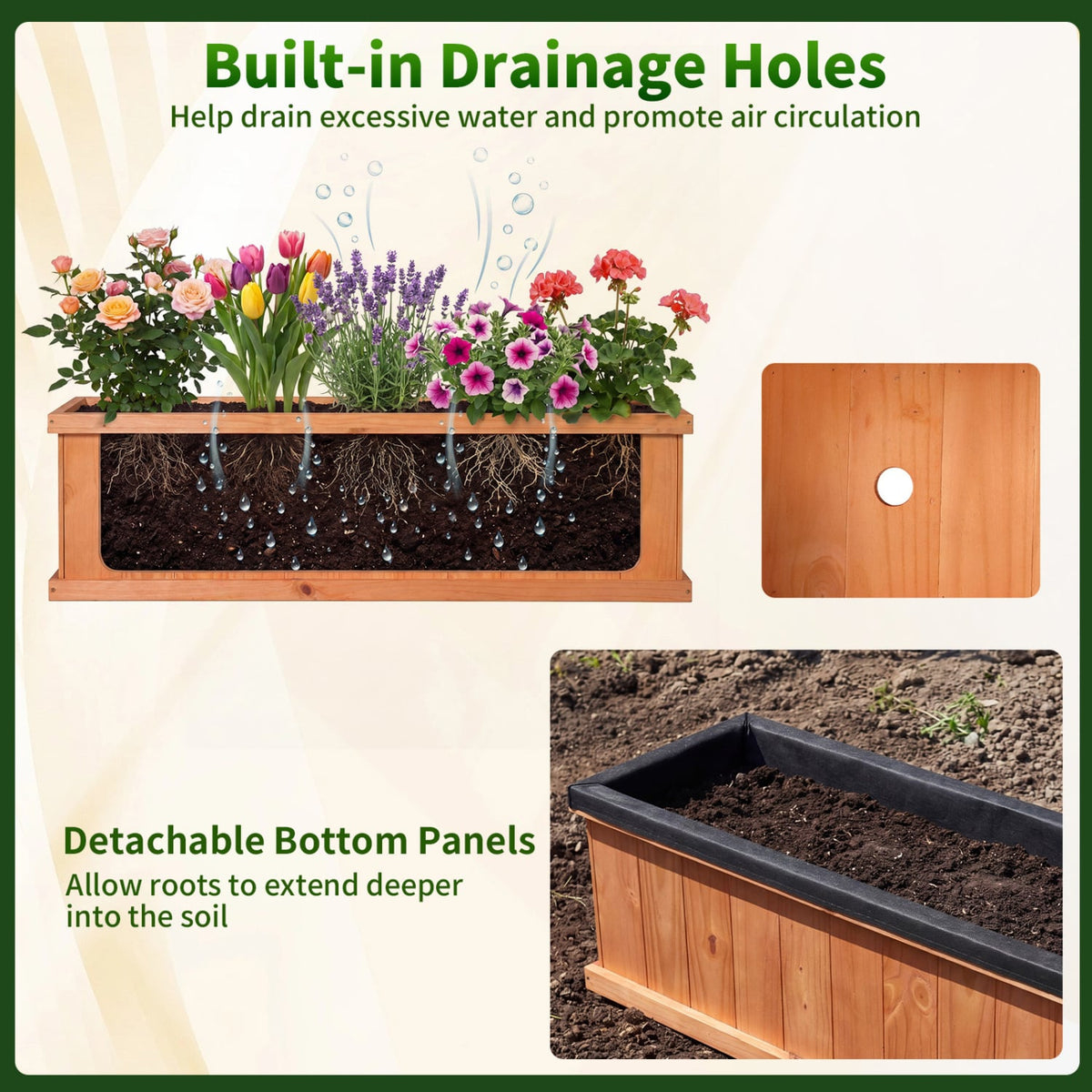 Wooden Raised Garden Bed with Drainage Holes and Liner Solid Fir Wood Planter Box-XL view 8