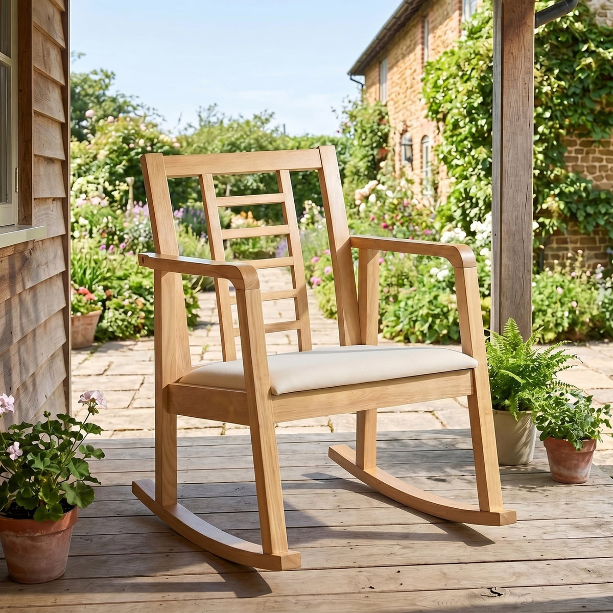 Wooden Rocking Chair with Upholstered Seat and Ladder Back for Living Room-Natural view 2