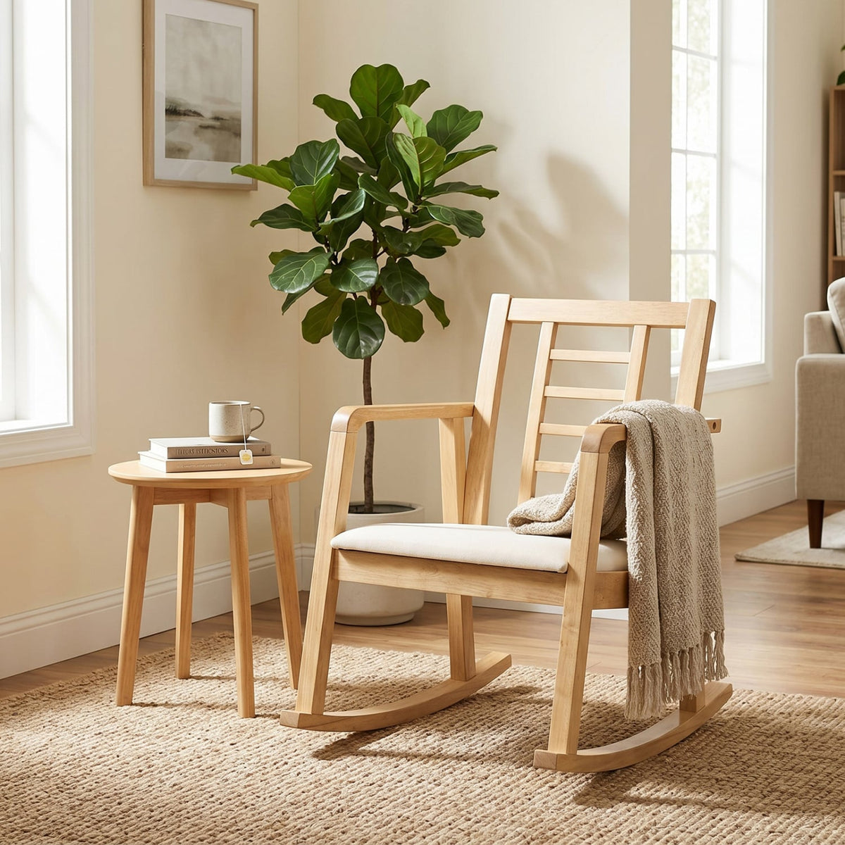 Wooden Rocking Chair with Upholstered Seat and Ladder Back for Living Room-Natural view 3