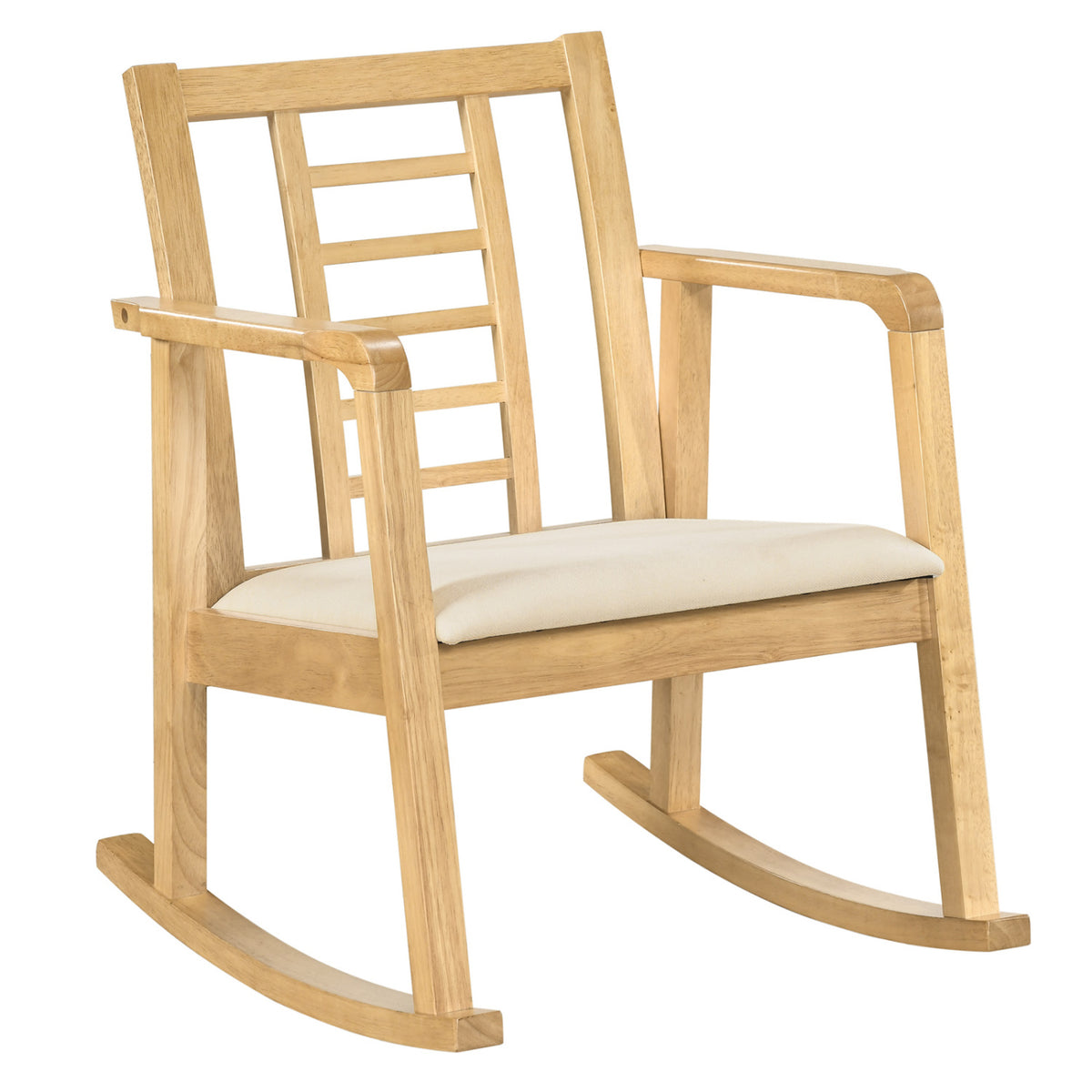 Wooden Rocking Chair with Upholstered Seat and Ladder Back for Living Room-Natural