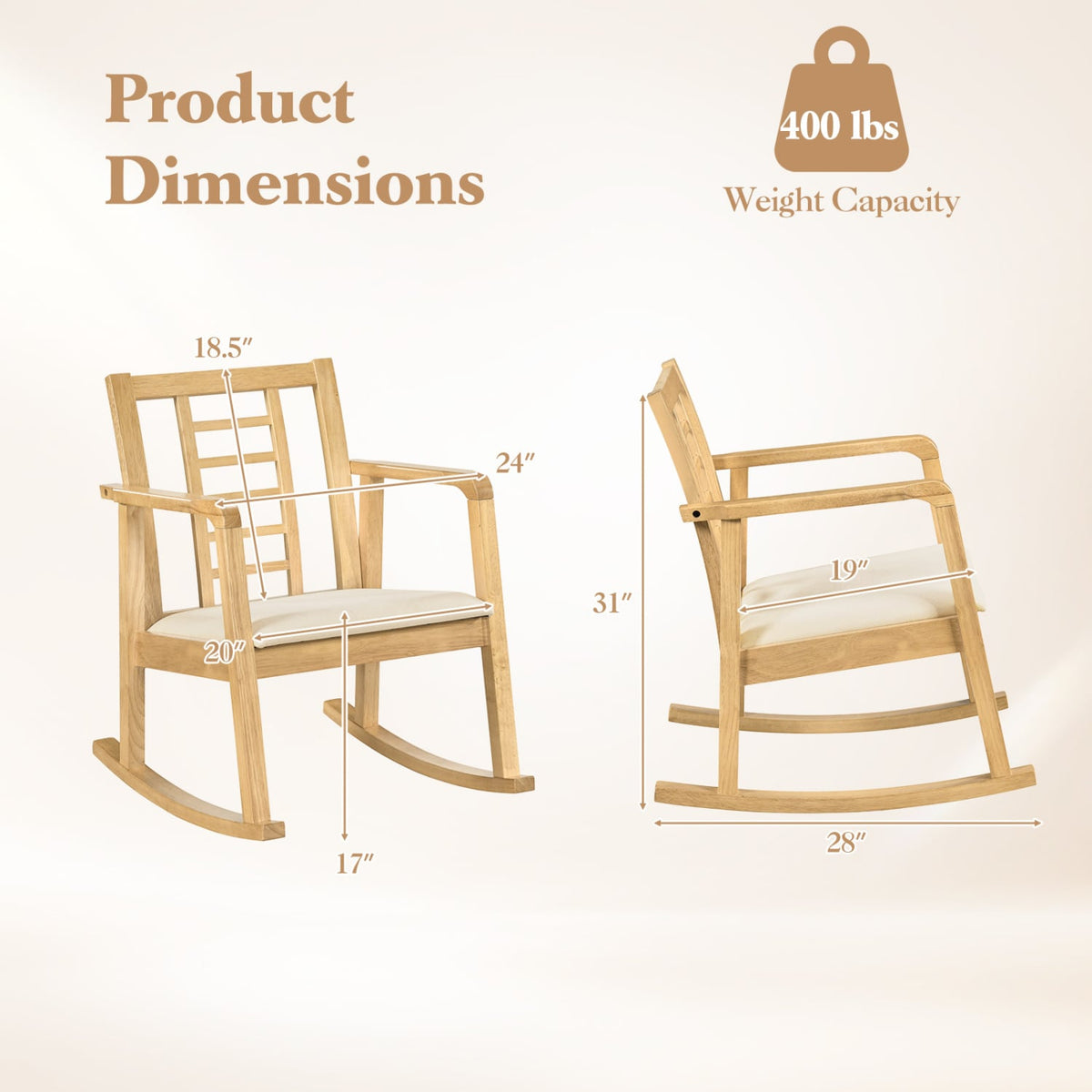 Wooden Rocking Chair with Upholstered Seat and Ladder Back for Living Room-Natural view 4
