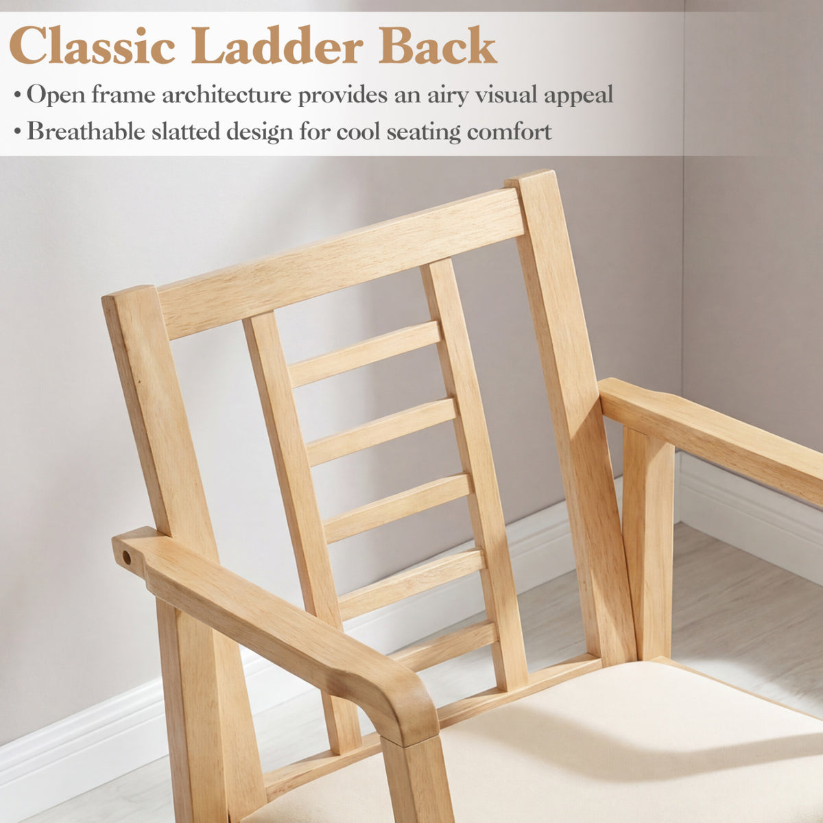 Wooden Rocking Chair with Upholstered Seat and Ladder Back for Living Room-Natural view 7
