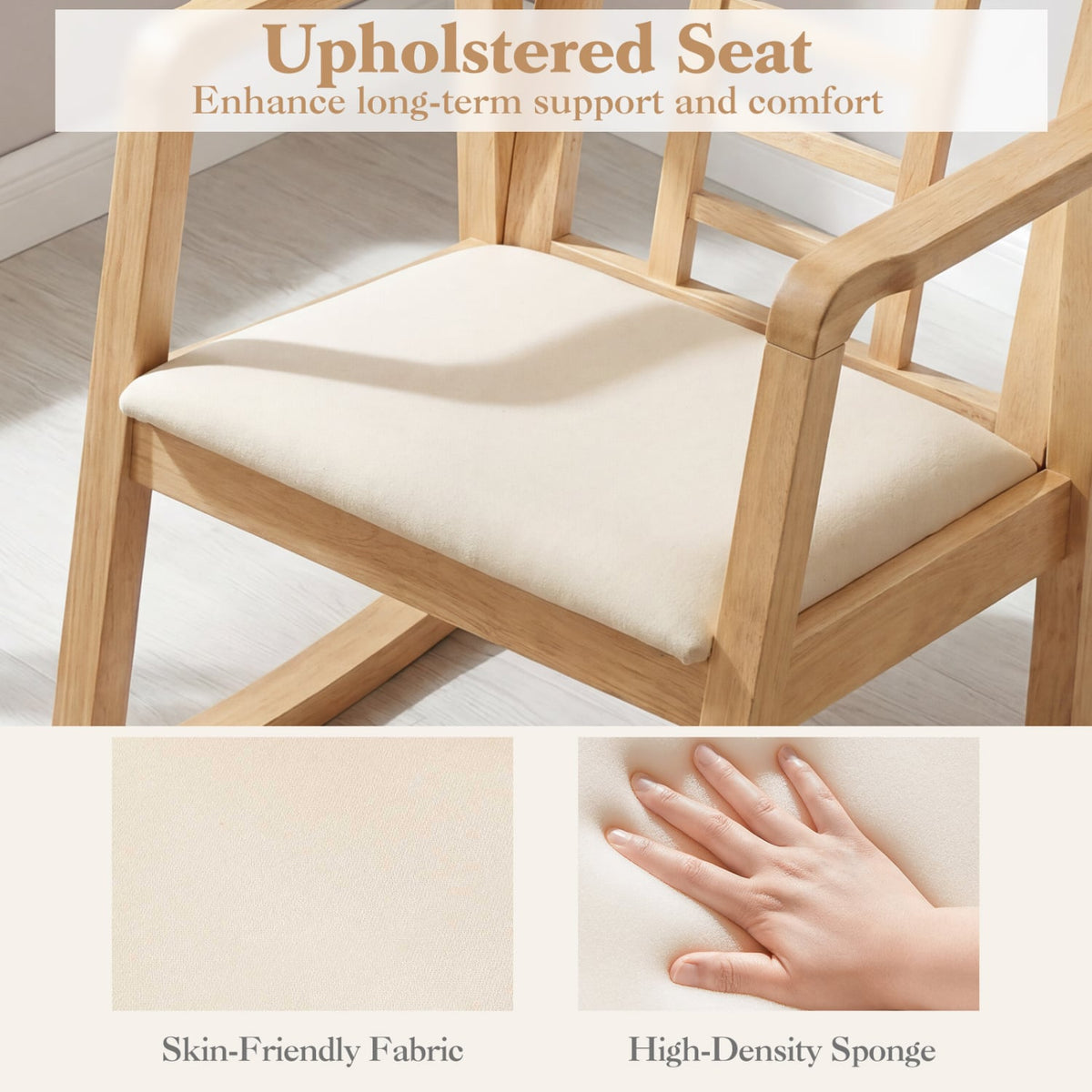 Wooden Rocking Chair with Upholstered Seat and Ladder Back for Living Room-Natural view 8