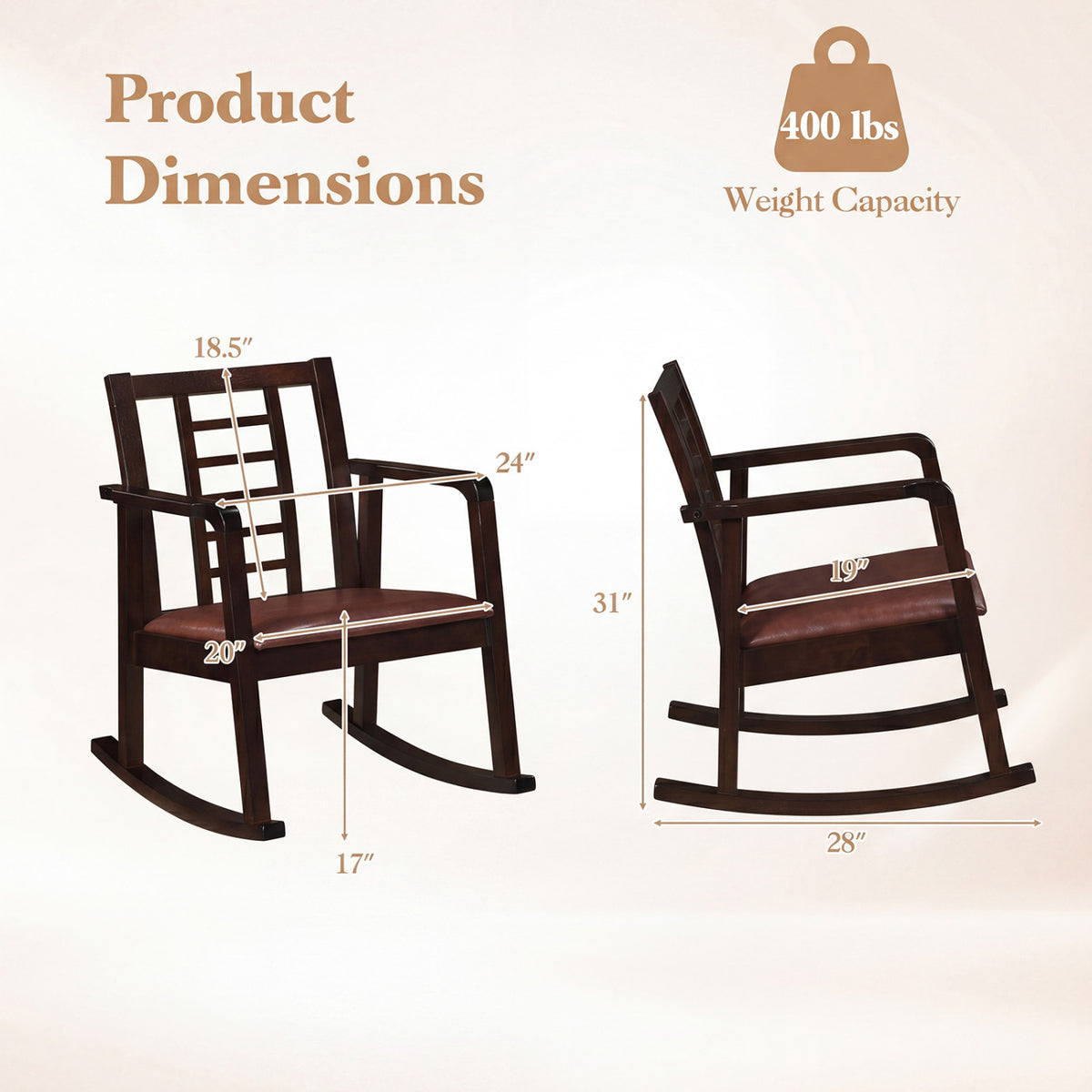 Wooden Rocking Chair with Upholstered Seat and Ladder Back for Living Room-Brown view 4