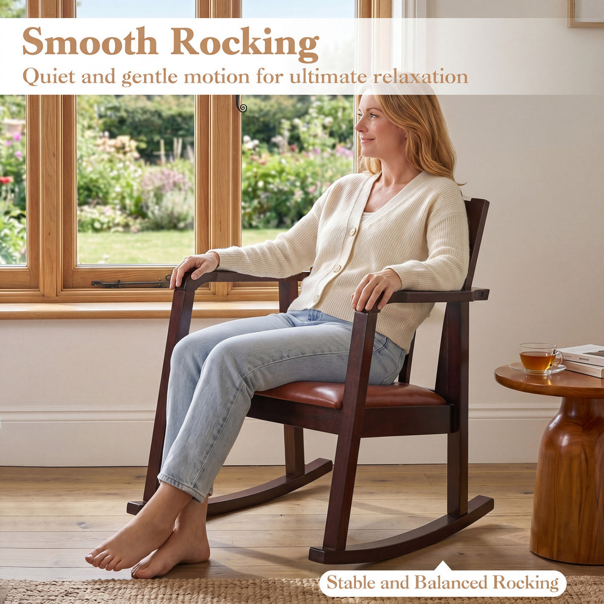 Wooden Rocking Chair with Upholstered Seat and Ladder Back for Living Room-Brown view 5