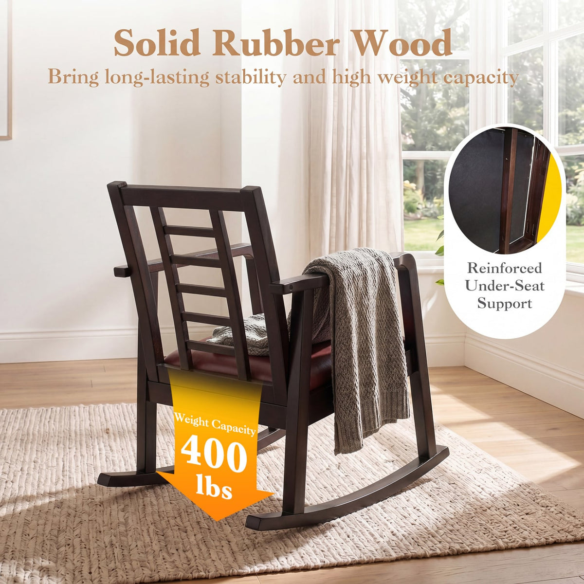 Wooden Rocking Chair with Upholstered Seat and Ladder Back for Living Room-Brown view 6