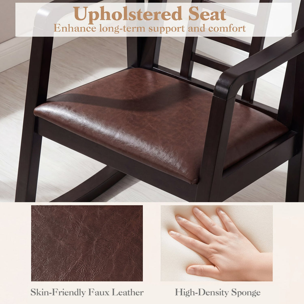 Wooden Rocking Chair with Upholstered Seat and Ladder Back for Living Room-Brown view 8