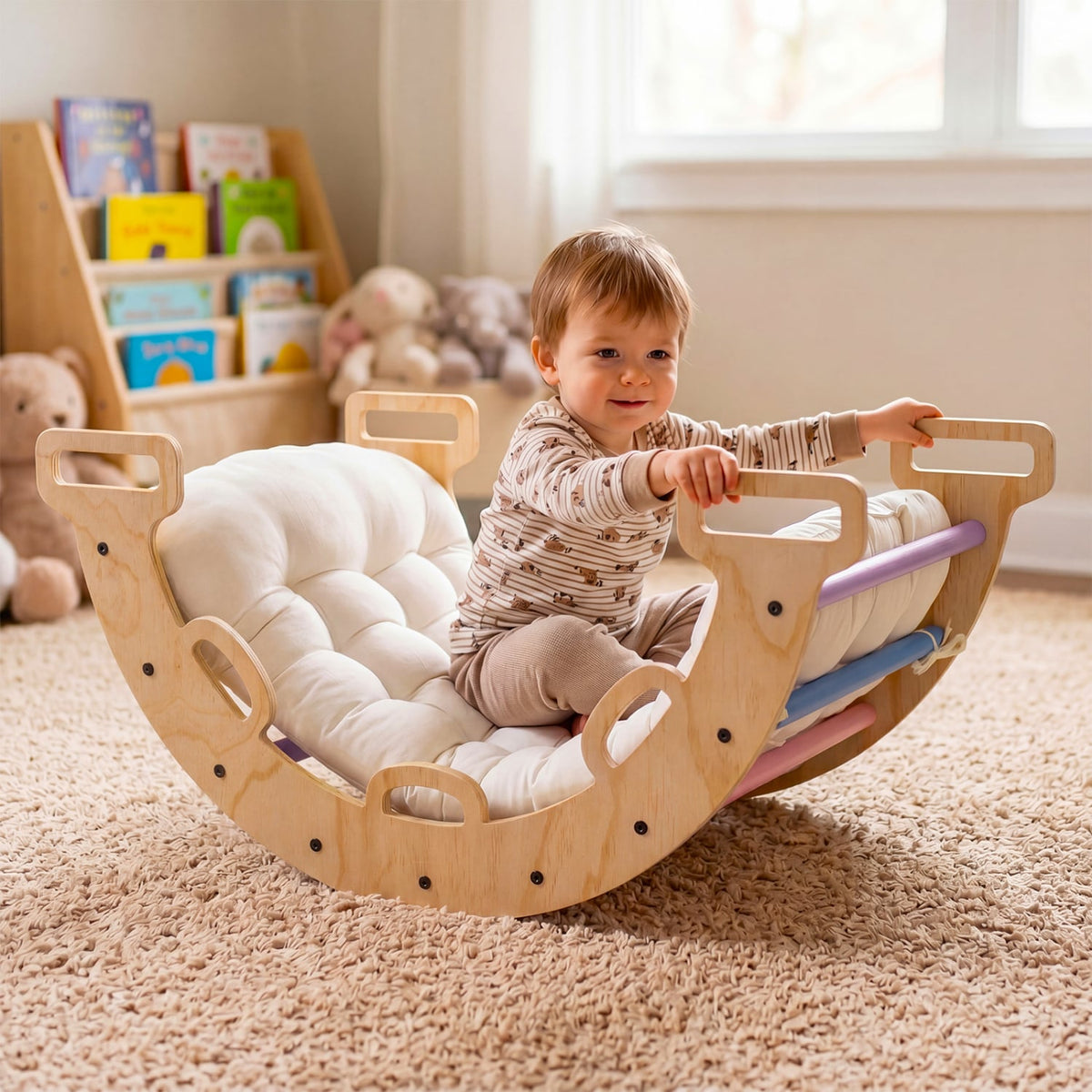 Wooden Rocking Climbing Arch with Cushion 3-in-1 Montessori Kids Climber Rocker-Multicolor view 2
