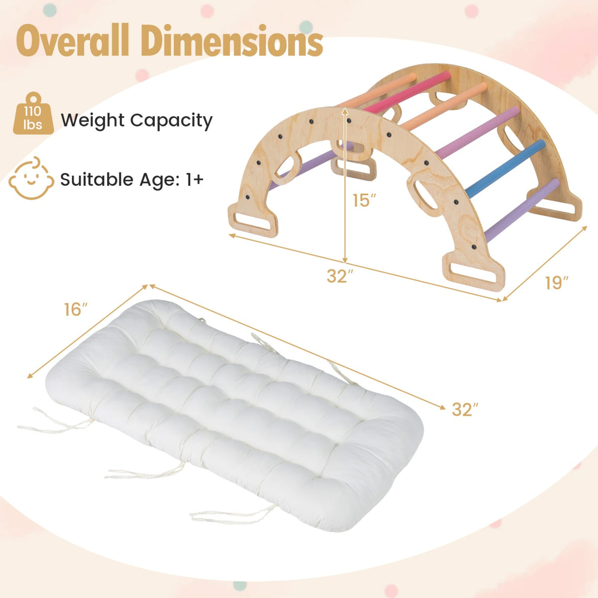 Wooden Rocking Climbing Arch with Cushion 3-in-1 Montessori Kids Climber Rocker-Multicolor view 5
