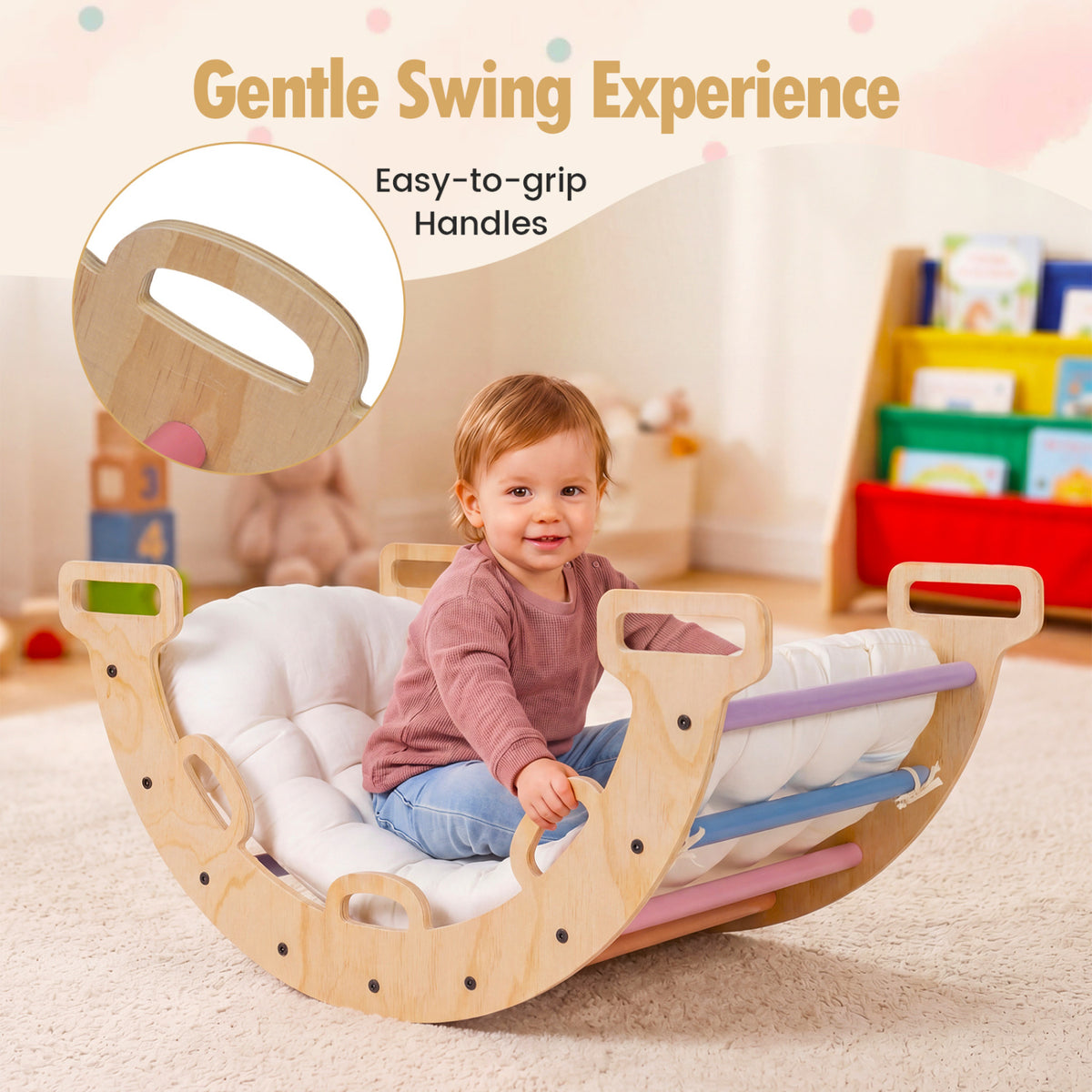 Wooden Rocking Climbing Arch with Cushion 3-in-1 Montessori Kids Climber Rocker-Multicolor view 8