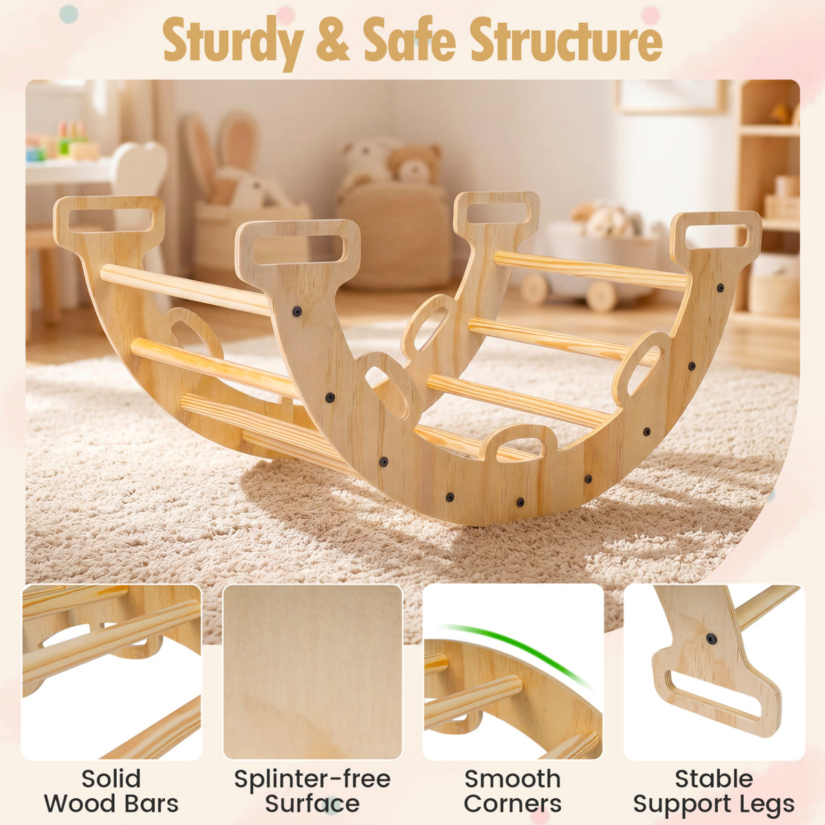 Wooden Rocking Climbing Arch with Cushion Montessori Kids Climber Rocker view 9