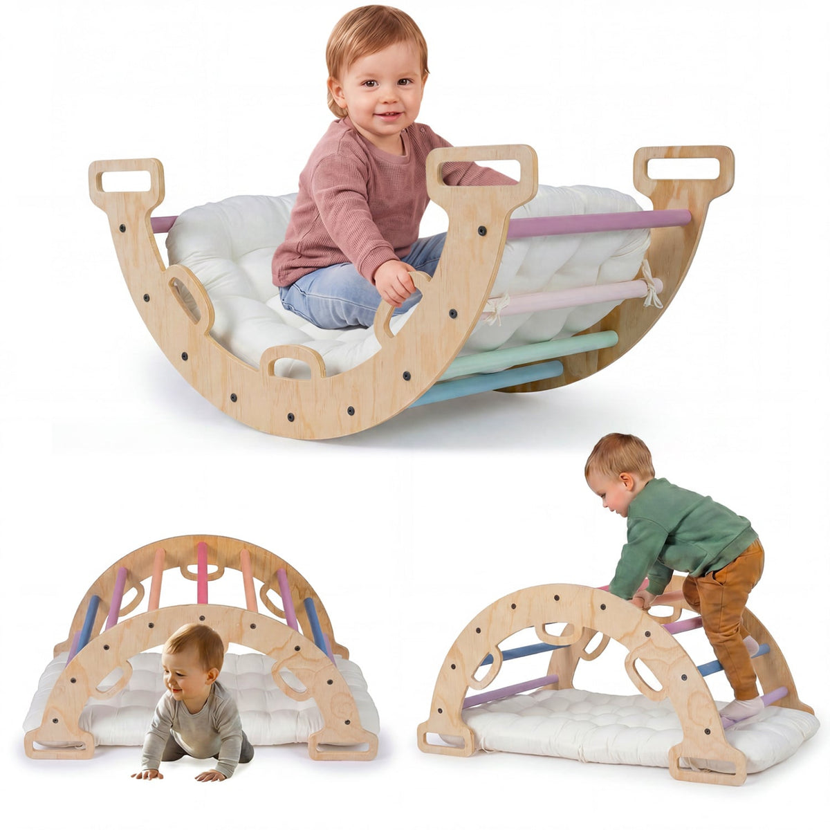 Wooden Rocking Climbing Arch with Cushion 3-in-1 Montessori Kids Climber Rocker-Macaron