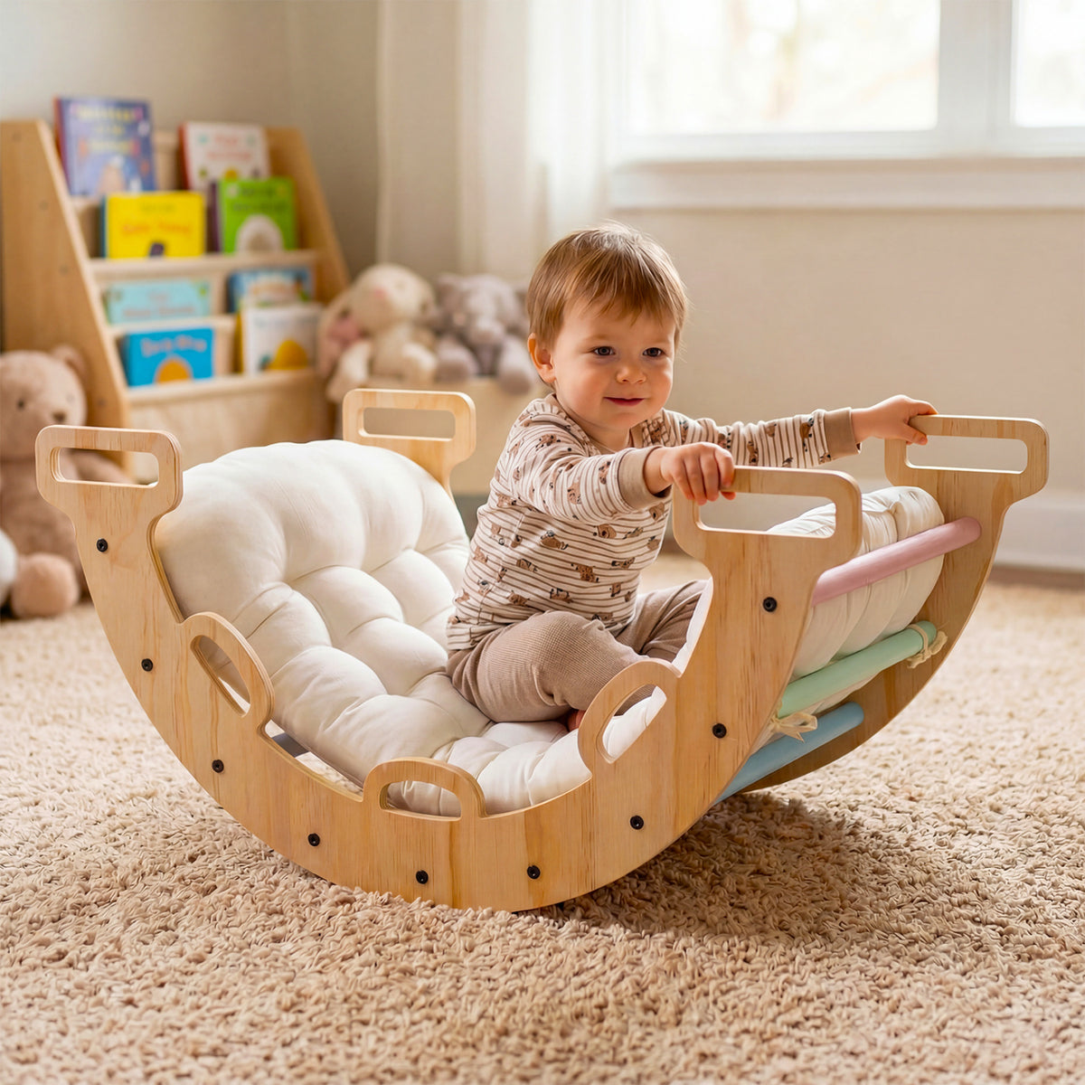 Wooden Rocking Climbing Arch with Cushion 3-in-1 Montessori Kids Climber Rocker-Macaron view 2