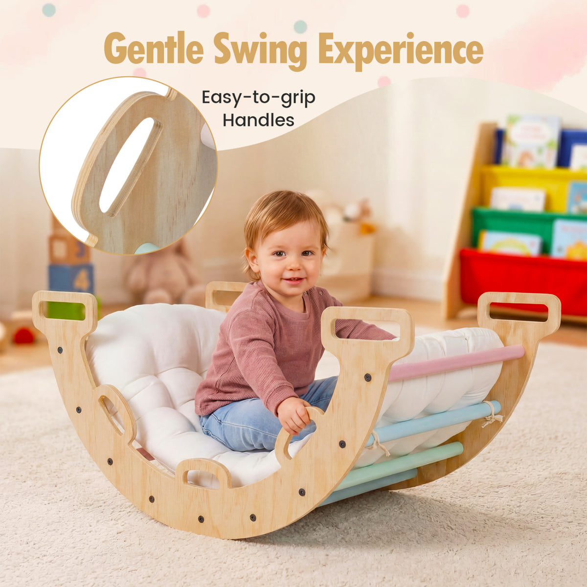 Wooden Rocking Climbing Arch with Cushion 3-in-1 Montessori Kids Climber Rocker-Macaron view 6