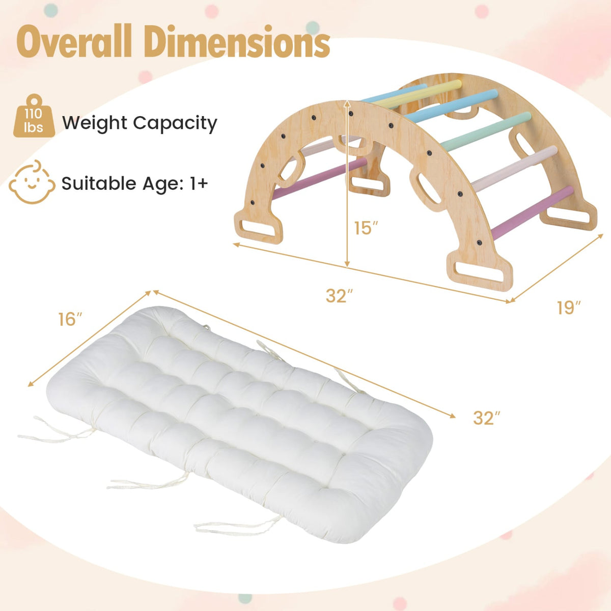 Wooden Rocking Climbing Arch with Cushion 3-in-1 Montessori Kids Climber Rocker-Macaron view 5