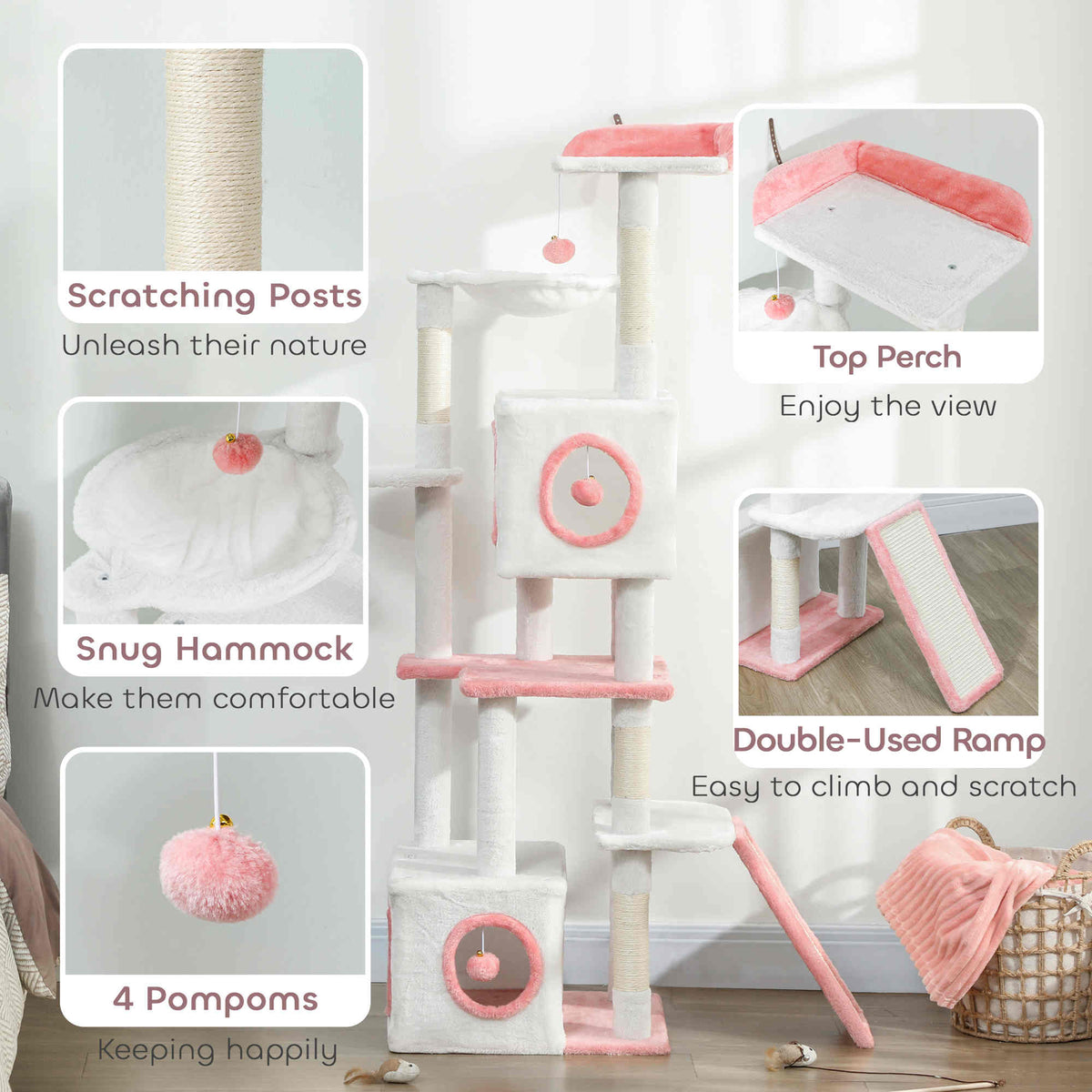 65 Inch Cat Tree with 2 Doors Condos, Plush Top Perch, Hammock, Sisal Scratching Posts, 4 Pompoms, Ramp – view 12