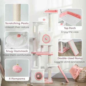 65 Inch Cat Tree with 2 Doors Condos, Plush Top Perch, Hammock, Sisal Scratching Posts, 4 Pompoms, Ramp – view 12
