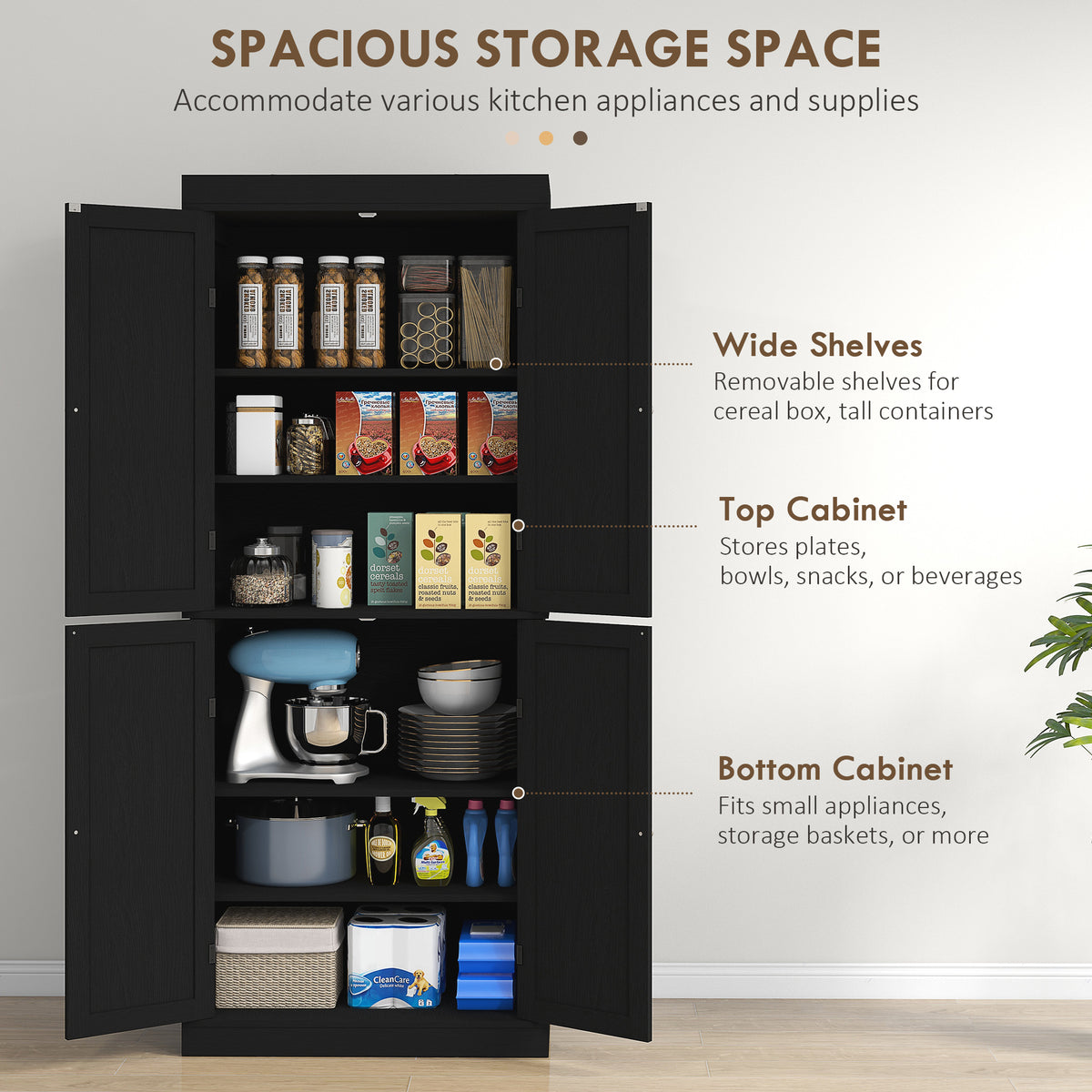 72.5" Freestanding Kitchen Pantry Cabinet with 4 Doors, Black