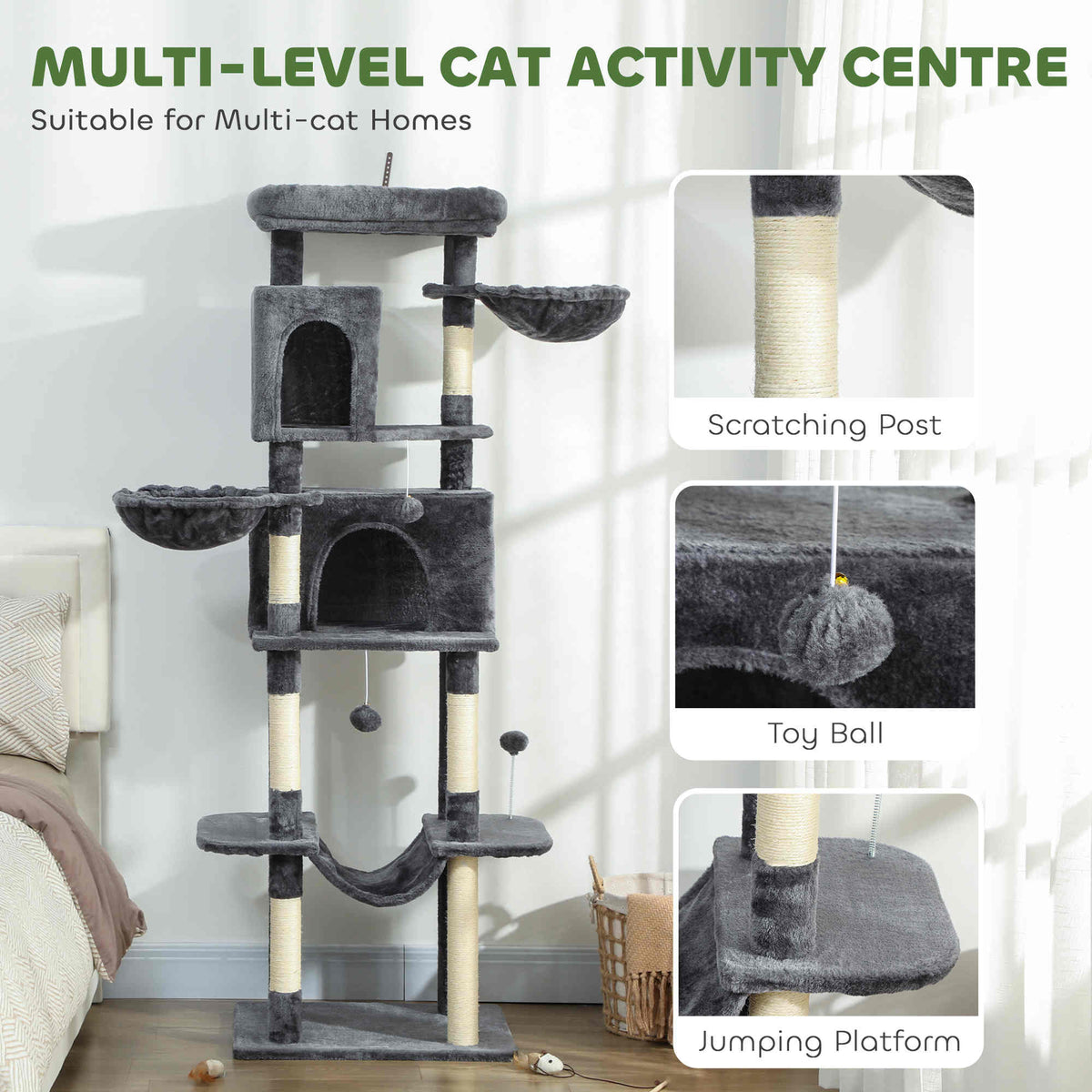 69" Cat Tree, Multi-Level Cat Tower with 2 Condos, Plush Perch and Sisal Scratching Posts, Dark Grey – view 3