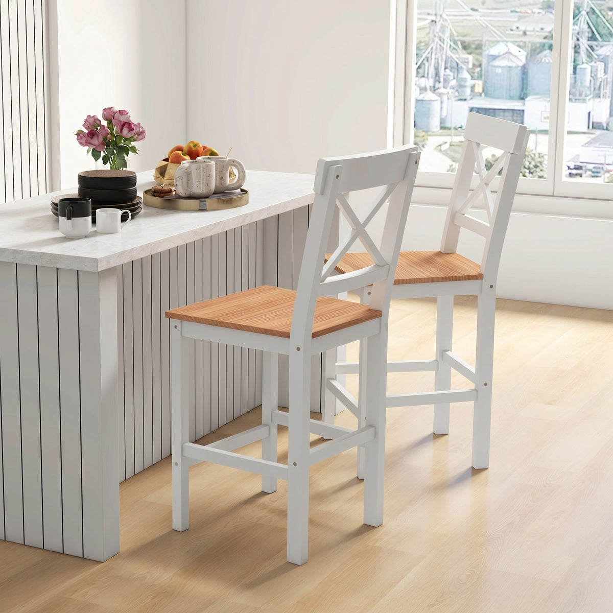 Counter Height Stools Set of 2, Farmhouse Bar Stools with Backs, Solid Wood Counter Stools for Kitchen Island