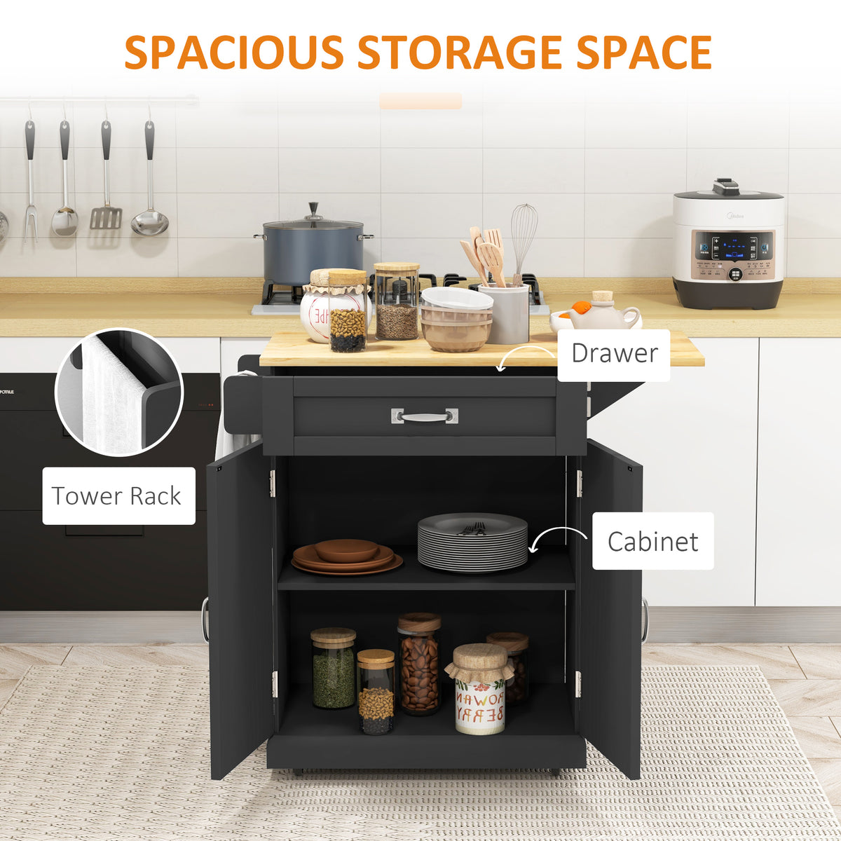 Foldable Kitchen Island with Storage Drawer, Farmhouse Rolling Utility Cart on Wheels with Drop-Leaf Wood – view 3