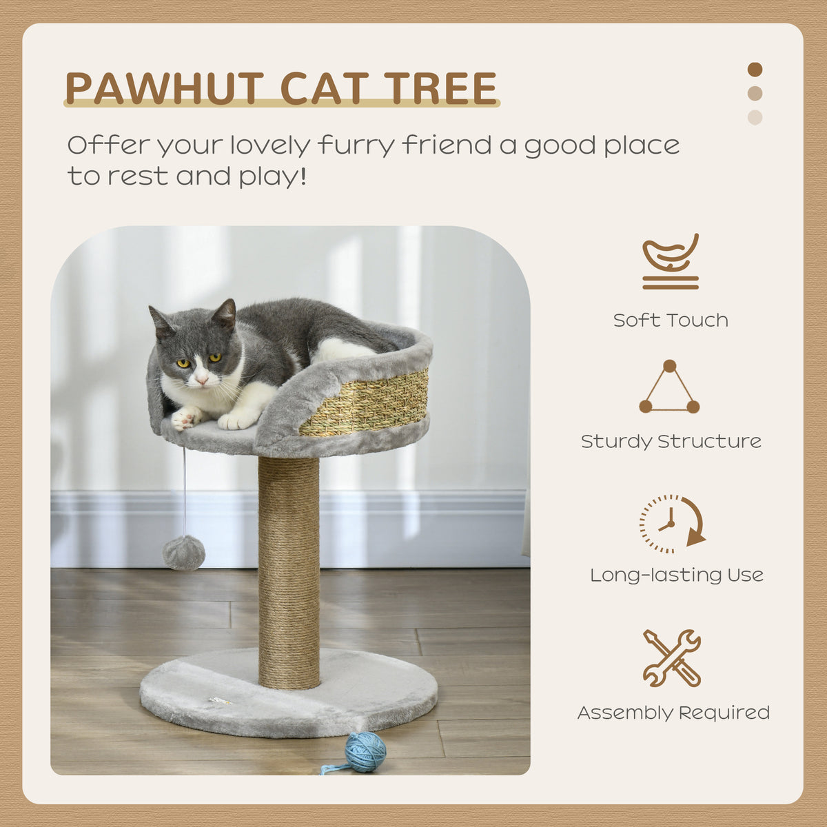 Cat Tree with Scratching Post, Toy Ball, Perch, Small Cat Tower for Indoor Cats - 16" x 16" x 19", Beige – view 10