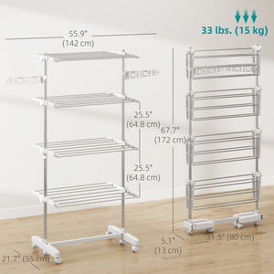 Garment Drying Rack Stainless Steel Folding Clothes Hanging Rack with Side Wings Castors for Indoor Outdoor White