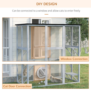 Large Outdoor Catio Enclosure, Weatherproof Cat House with Asphalt Roof,  Wooden Cat Patio Cage with 6 Balanced Platforms, 71" x 39" x 71", Grey