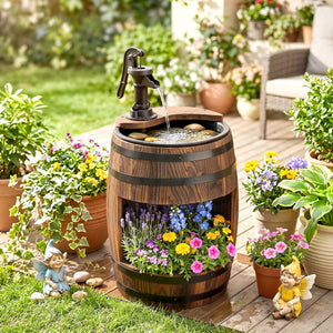 Wooden Outdoor Fountain, Electrical Barrel Waterfall with 3600r/min Speed Pump for Patio, Backyard, Carbonized