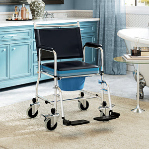 Rolling Shower Chair, Bedside Commode Wheelchair with Padded Seat, Backrest, for Seniors, Disabled, 300 lbs, Black