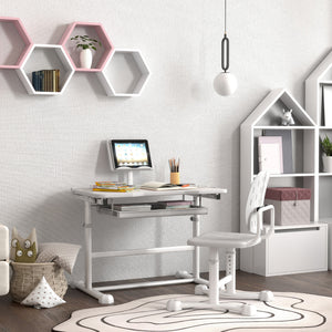 Qaba Height Adjustable Kids Desk and Chair Set with Tilt Desktop, Large Writing Board, Storage Drawer, Book Stand